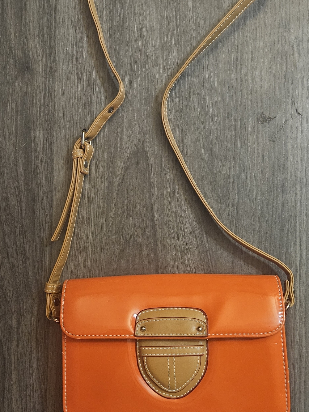 Orange Patent Leather Crossbody Wallet with Tan Accent